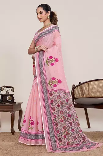 pink linen printed saree with blouse