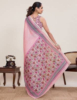 pink linen printed saree with blouse 3