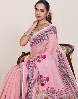 pink linen printed saree with blouse 4