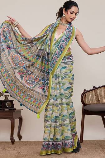 multicolor linen printed saree with blouse