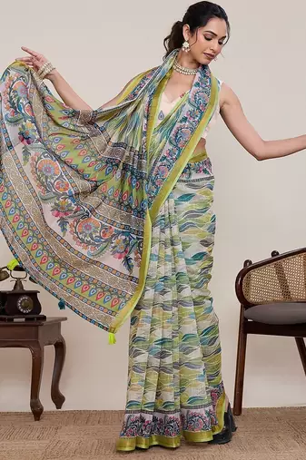 multicolor linen printed saree with blouse