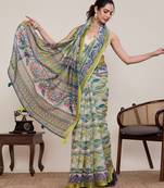 multicolor linen printed saree with blouse