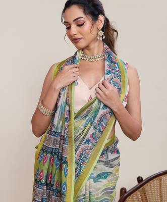 multicolor linen printed saree with blouse 2