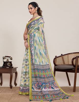 multicolor linen printed saree with blouse 4