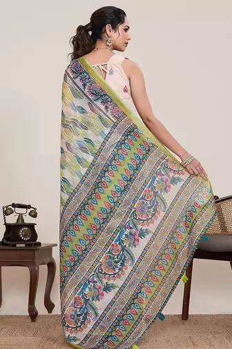 multicolor linen printed saree with blouse