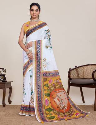 white linen printed saree with blouse 1
