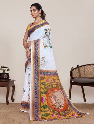 white linen printed saree with blouse 2