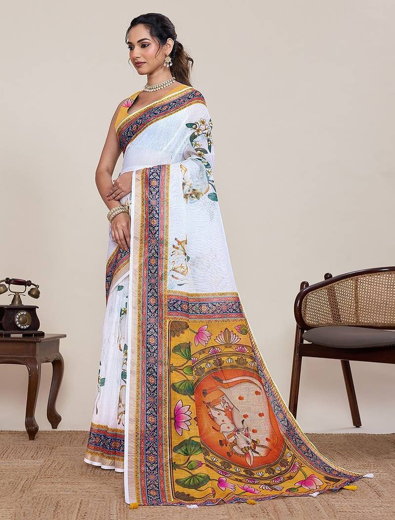 white linen printed saree with blouse