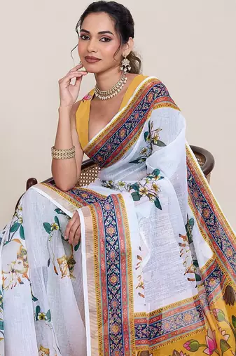 white linen printed saree with blouse