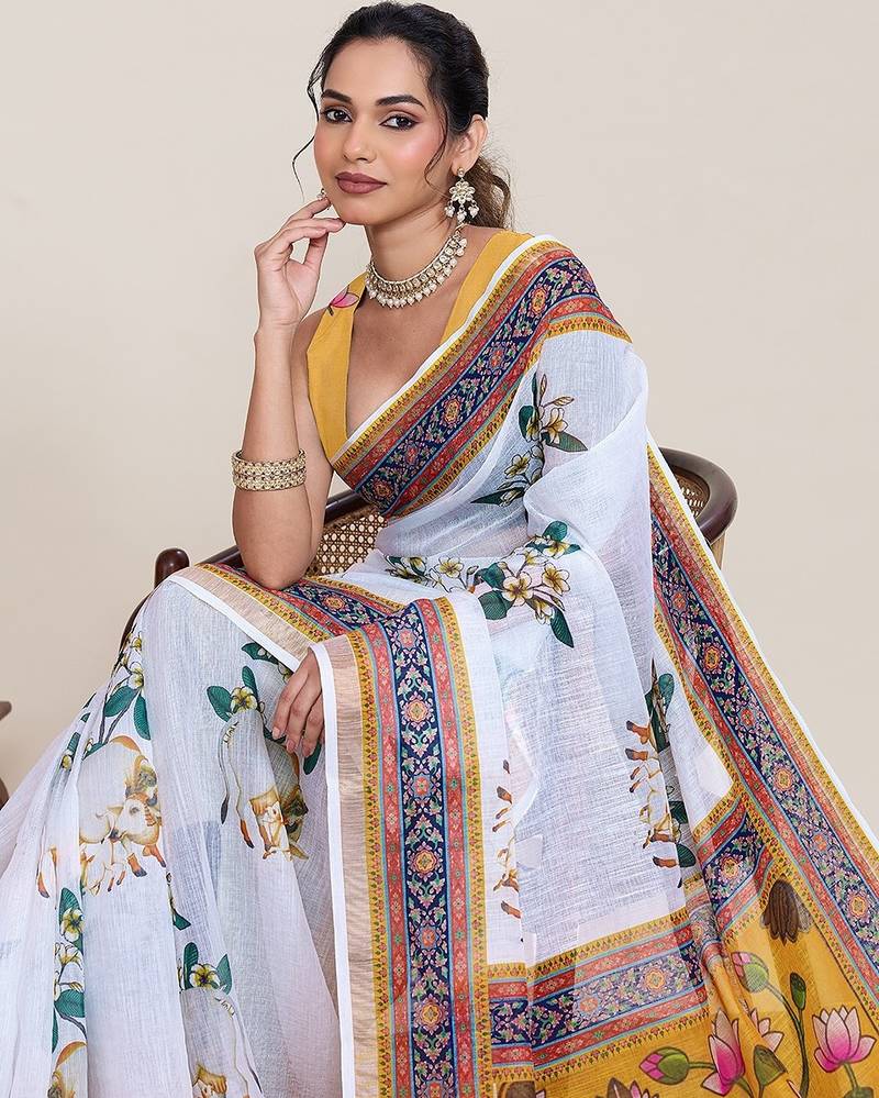white linen printed saree with blouse