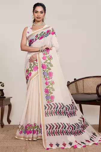 cream linen printed saree with blouse