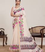 cream linen printed saree with blouse