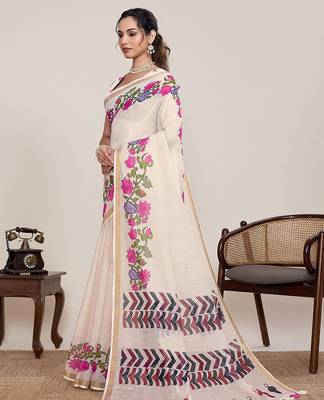 cream linen printed saree with blouse 2