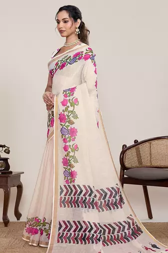 cream linen printed saree with blouse