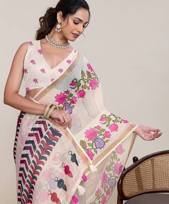 cream linen printed saree with blouse 4