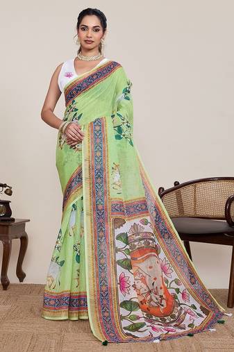 parrot green linen printed saree with blouse