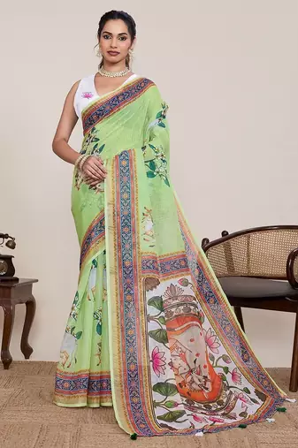 parrot green linen printed saree with blouse