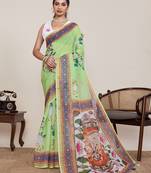 parrot green linen printed saree with blouse