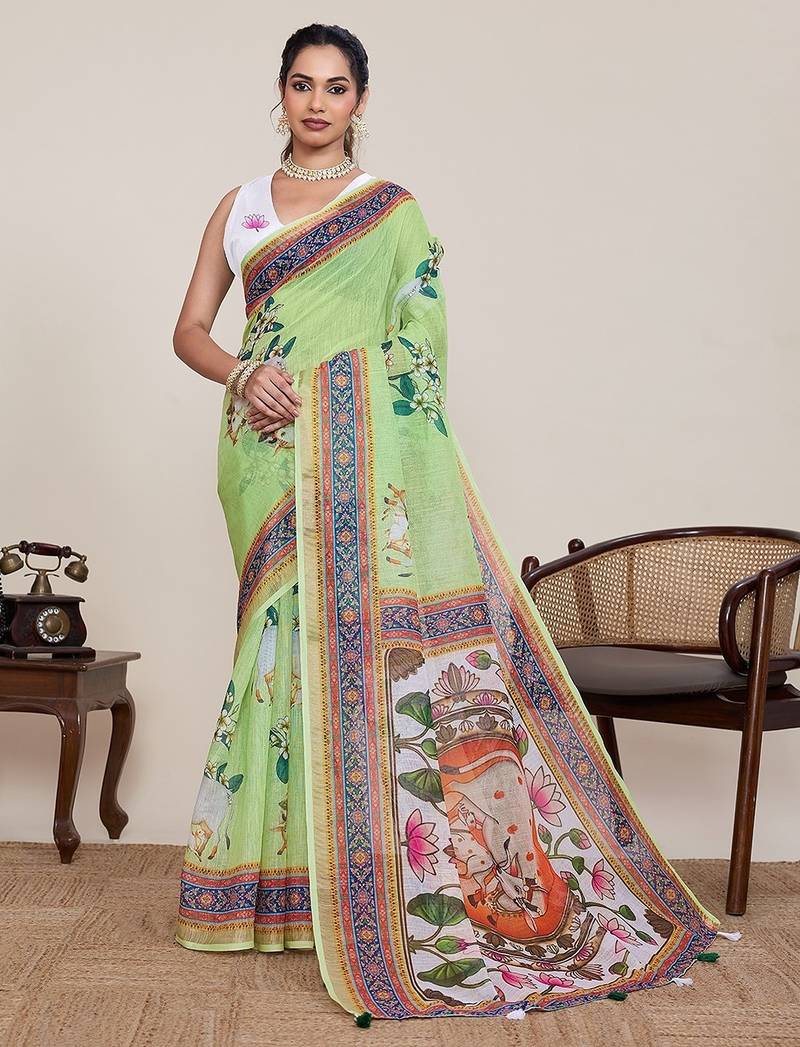 parrot green linen printed saree with blouse
