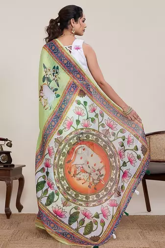 parrot green linen printed saree with blouse