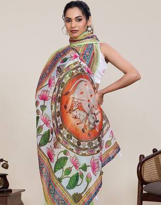 parrot green linen printed saree with blouse 4
