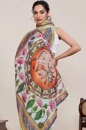parrot green linen printed saree with blouse