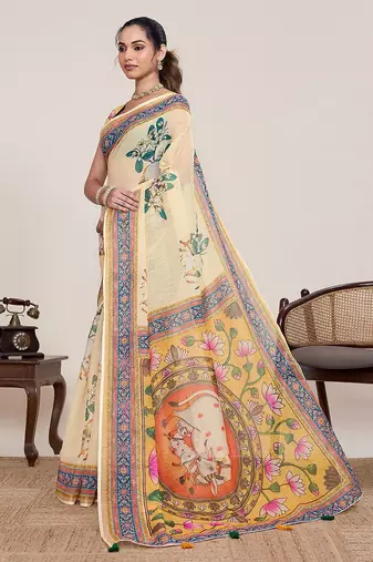 yellow linen printed saree with blouse