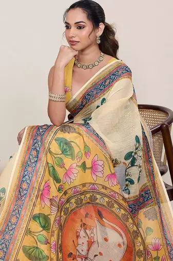 yellow linen printed saree with blouse