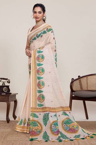 beige linen printed saree with blouse