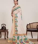 beige linen printed saree with blouse