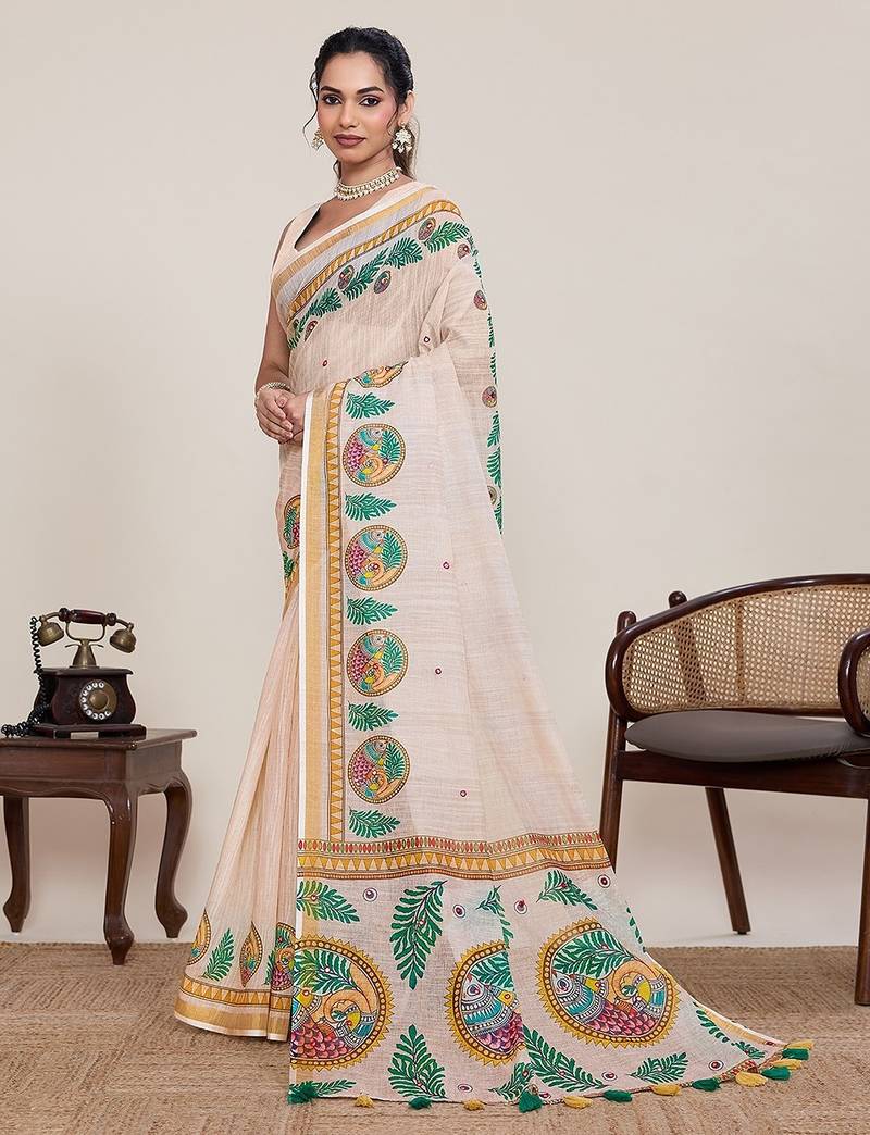 beige linen printed saree with blouse