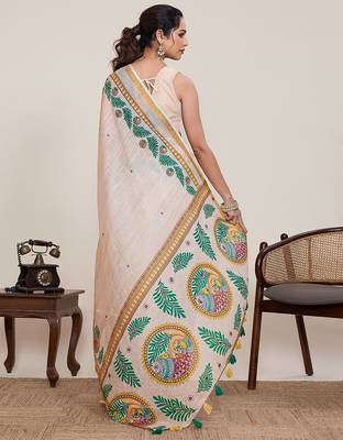 beige linen printed saree with blouse 2