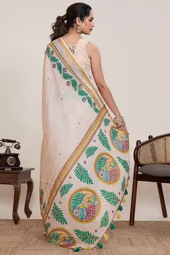 beige linen printed saree with blouse