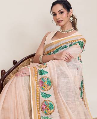 beige linen printed saree with blouse 3
