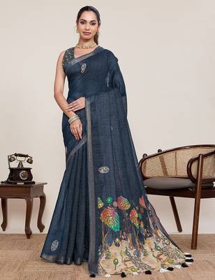 blue linen printed saree with blouse 1