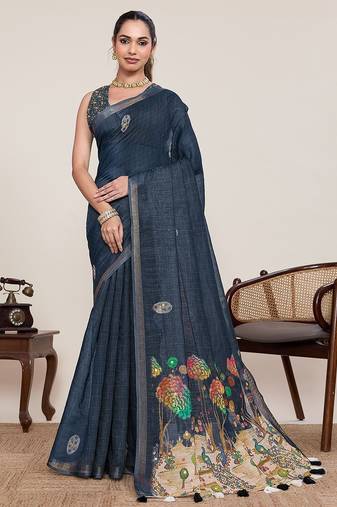 blue linen printed saree with blouse