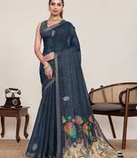 blue linen printed saree with blouse