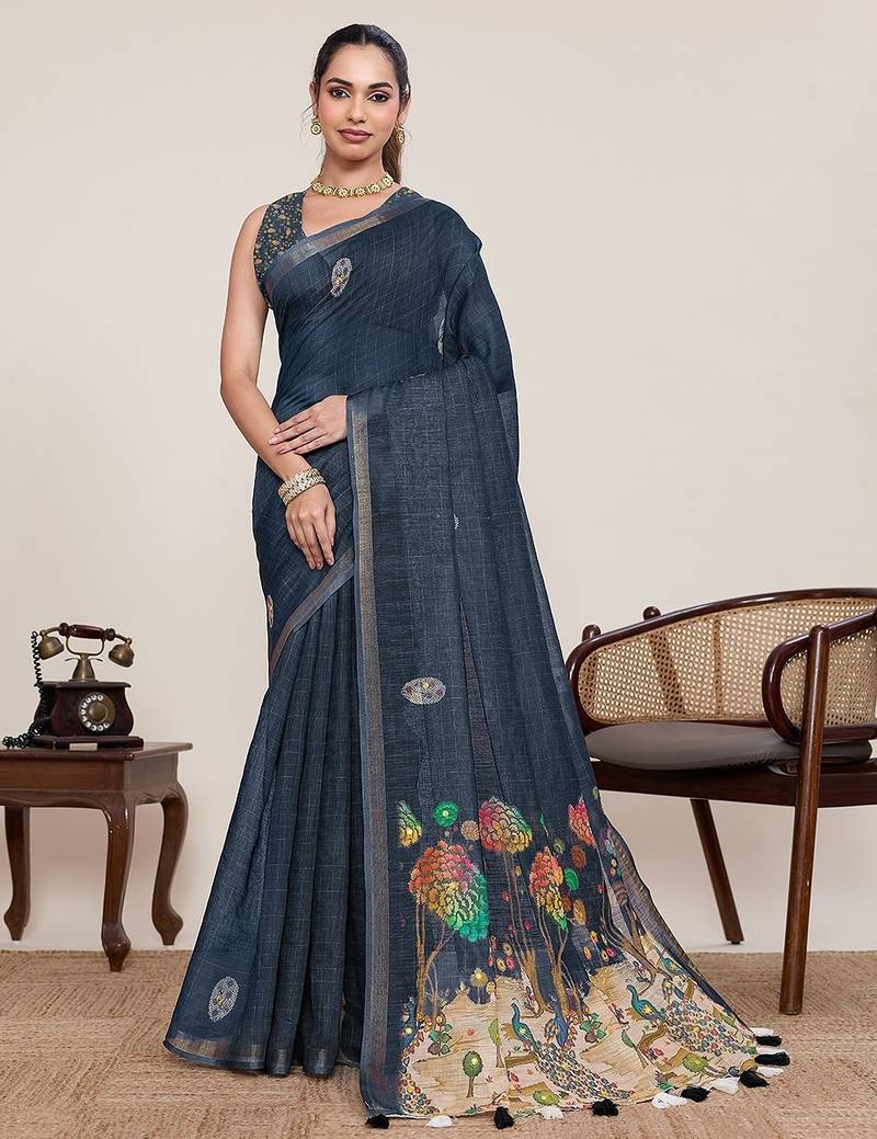 blue linen printed saree with blouse