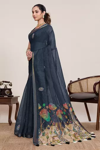 blue linen printed saree with blouse