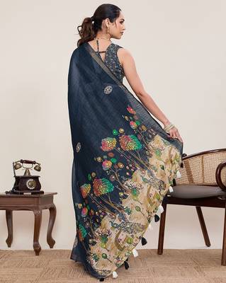 blue linen printed saree with blouse 3