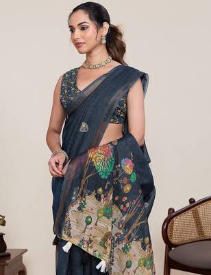blue linen printed saree with blouse 4