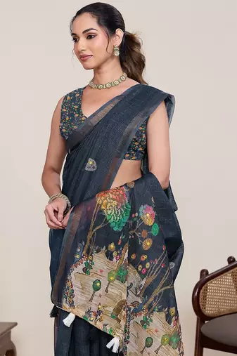 blue linen printed saree with blouse