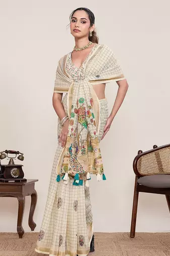 cream linen printed saree with blouse