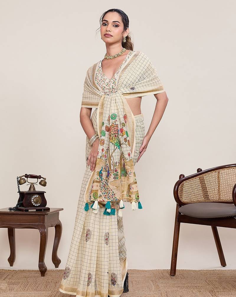 cream linen printed saree with blouse