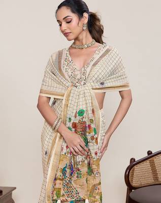 cream linen printed saree with blouse 2