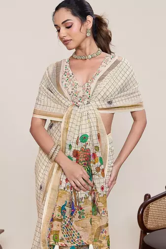 cream linen printed saree with blouse