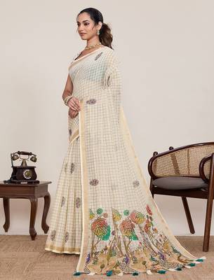 cream linen printed saree with blouse 4