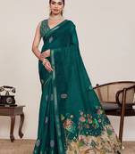 green linen printed saree with blouse