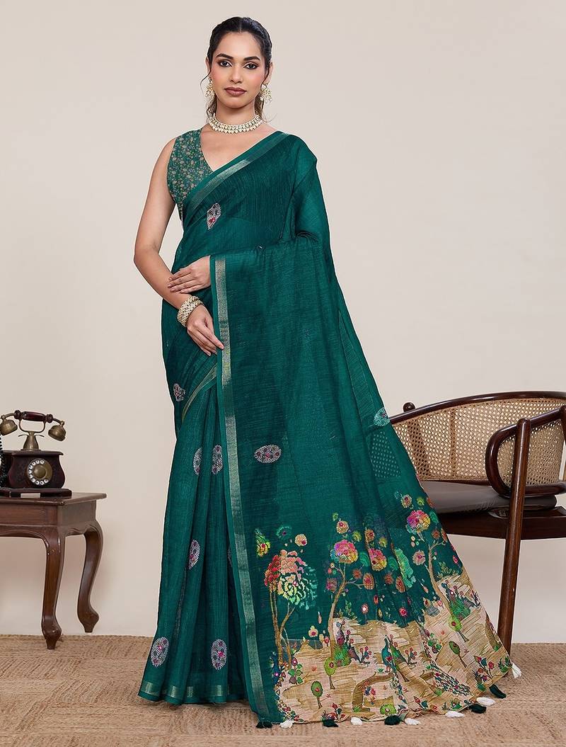 green linen printed saree with blouse