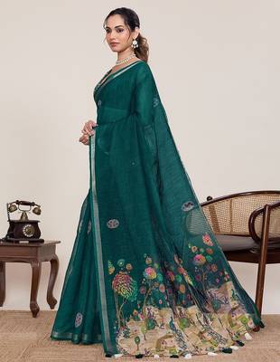 green linen printed saree with blouse 2